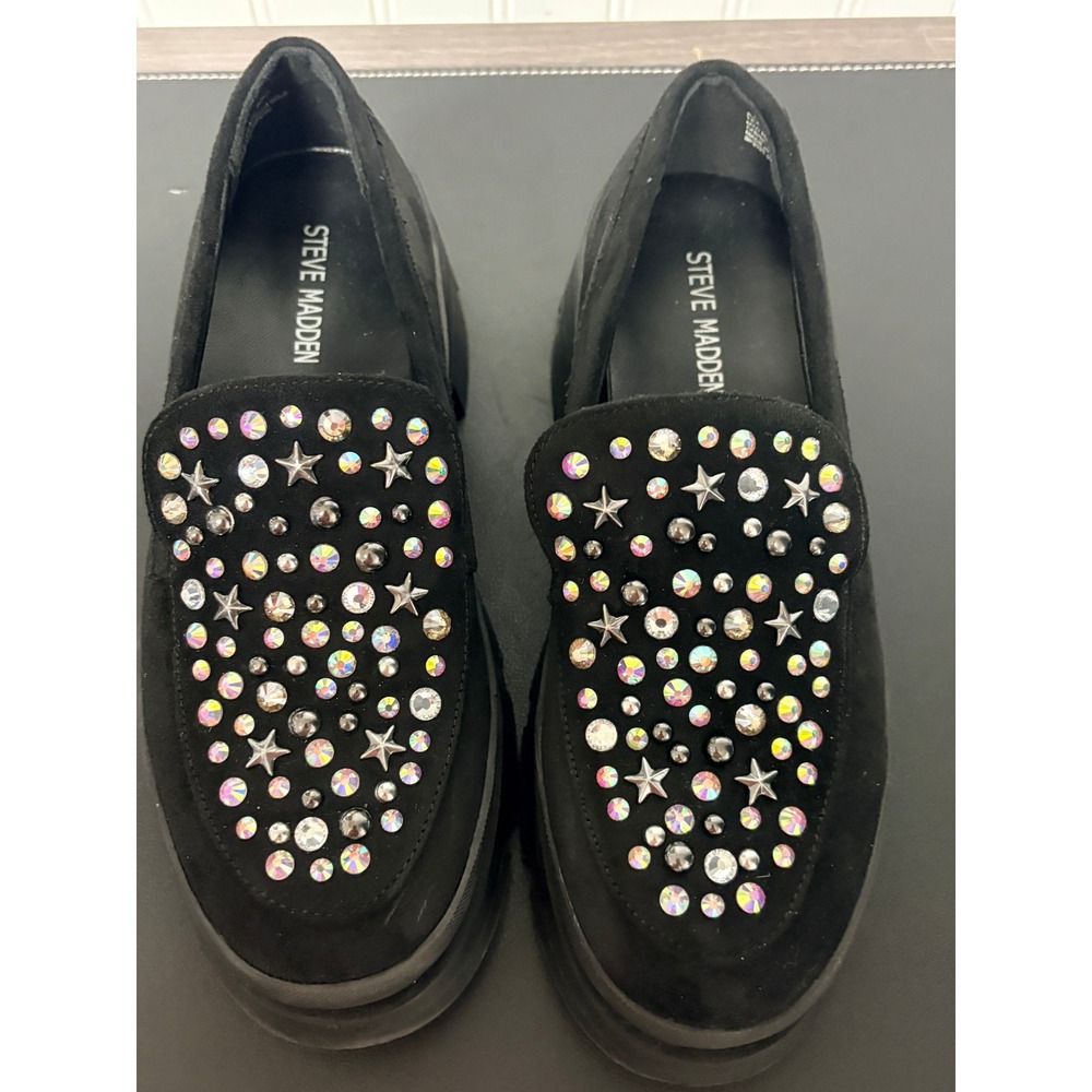 Steve Madden JLOOSY Black Rhinestone Star Studded Platform Lug Sole Loafers 4M - Picture 10 of 12
